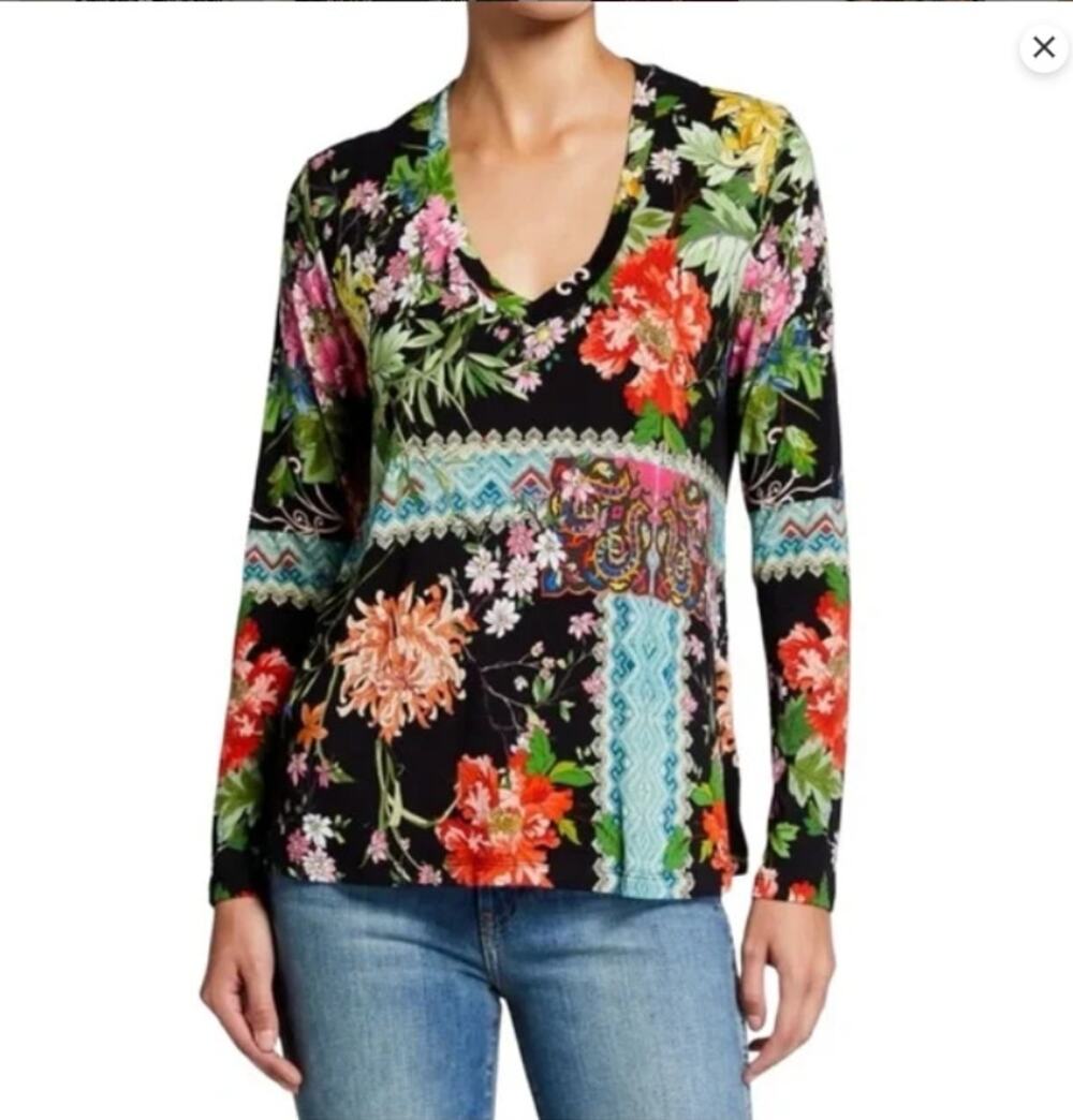 Johnny Was Black V-Neck Long Sleeve Floral Swing Tee XS | Boho Multi-Print